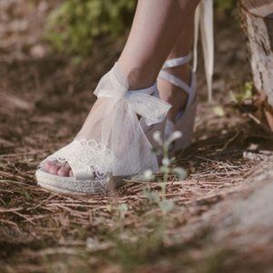 FSJ Lace White Wedding Shoes Wedges Bridal Heels